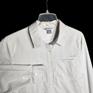 Ariat Tek Shirt Blouse Womens XL  Gray White Stripe Button Up Equestrian Venttek